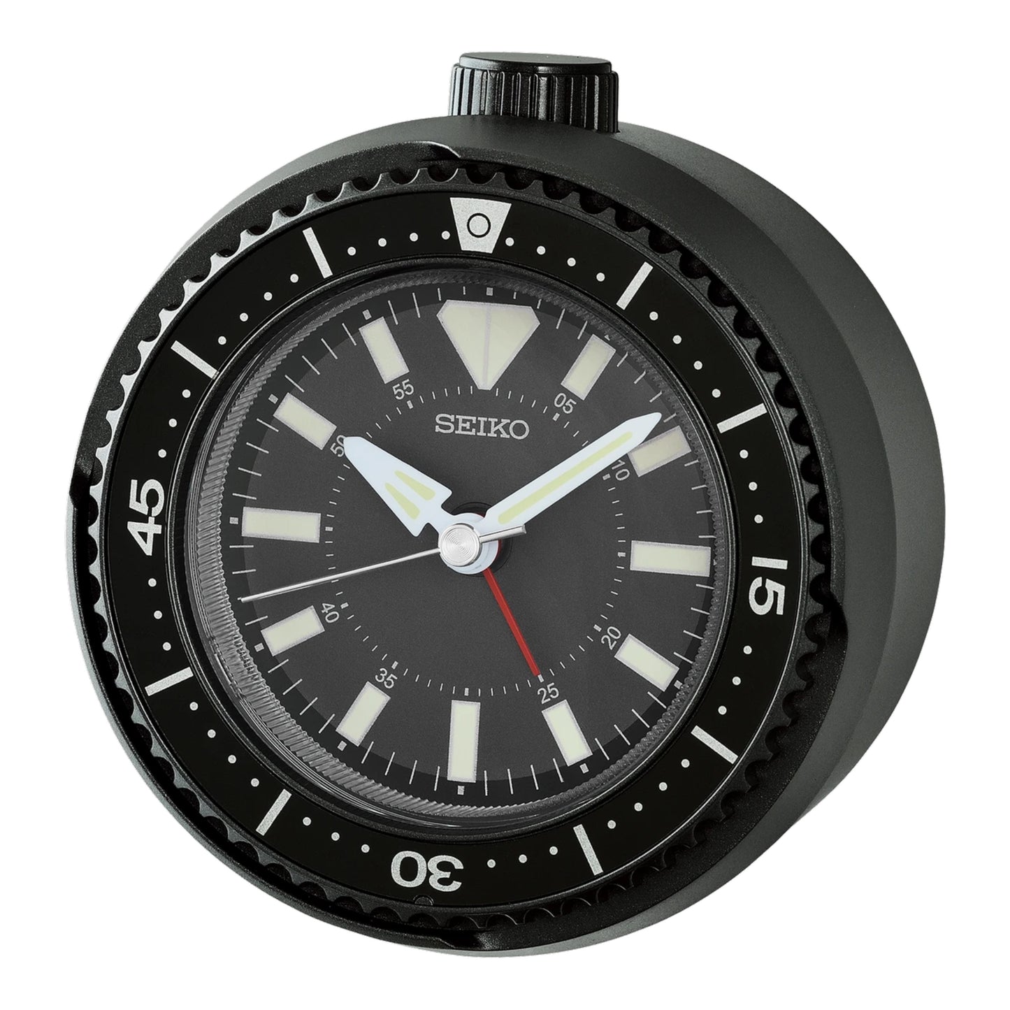 Seiko QHE207KLH "Mai Modern Watch Dial" Black Heritage Design Luminous Desk & Alarm Clock with Rotating Bezel