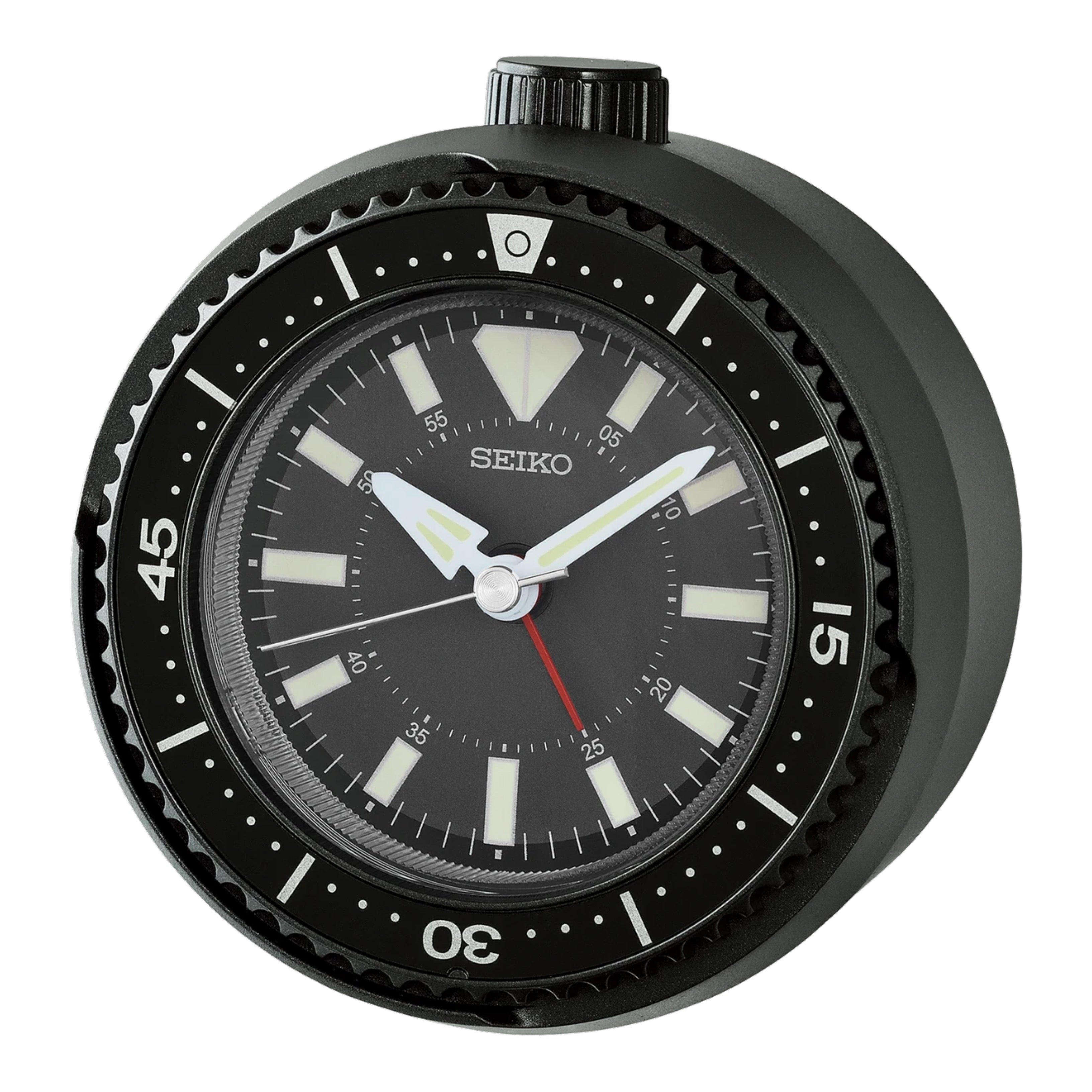 Seiko QHE207KLH "Mai Modern Watch Dial" Black Heritage Design Luminous Desk & Alarm Clock with Rotating Bezel