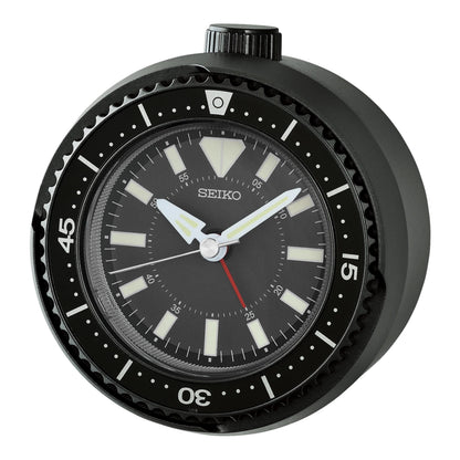 Seiko QHE207KLH "Mai Modern Watch Dial" Black Heritage Design Luminous Desk & Alarm Clock with Rotating Bezel