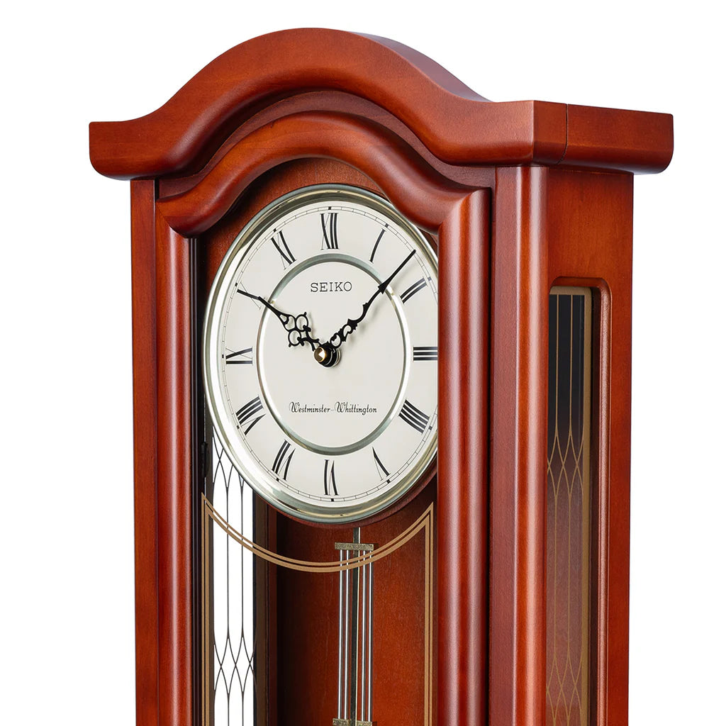 Seiko QXH118BLH "Alder Windows" Traditional Wooden Chiming Pendulum Wall Clock with Carved Side Panels