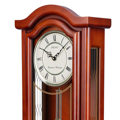 Seiko QXH118BLH "Alder Windows" Traditional Wooden Chiming Pendulum Wall Clock with Carved Side Panels