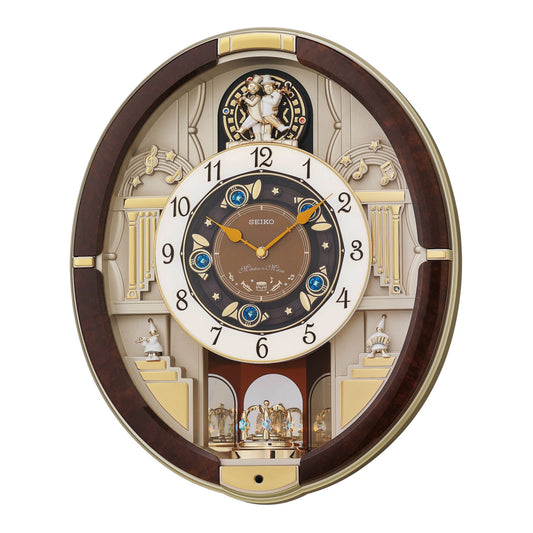 Seiko QXM289BRH "Golden Trumpets" Melodies in Motion Musical Wall Clock with Moving Figurines