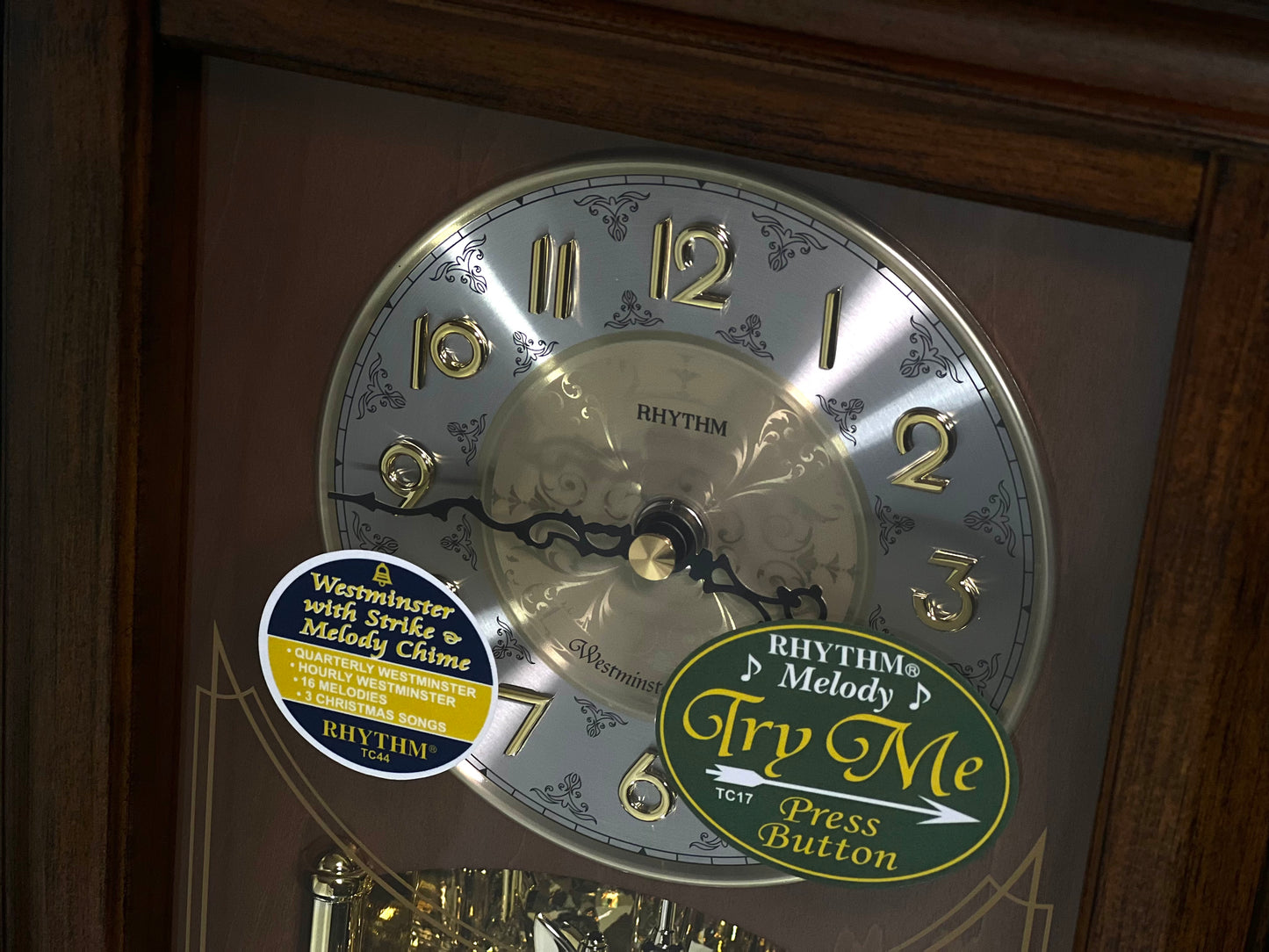 Rhythm “WSM Highland” Traditional Wooden Musical & Chiming Pendulum Mantel Clock with Embossed Steel Dial - CRH270UR06