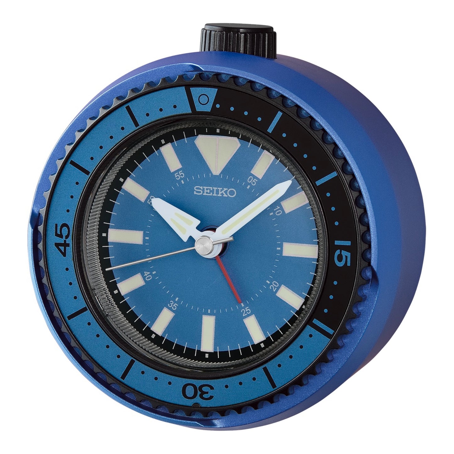 Seiko QHE207ELH "Mai Modern Watch Dial" Blue Heritage Design Luminous Desk & Alarm Clock with Rotating Bezel