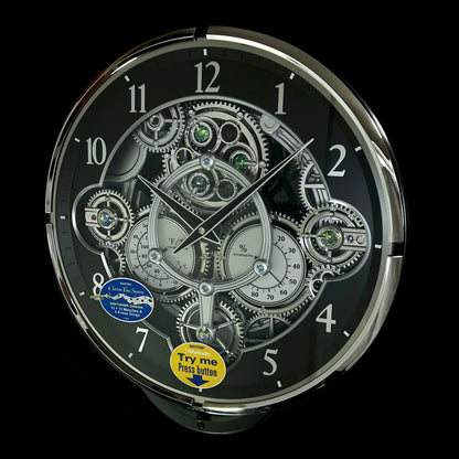 Rhythm “Chronograph (Black/Silver)” Skeletonized Dial Magic Motion Musical Wall Clock with Moving Gears - 4MH442WU08