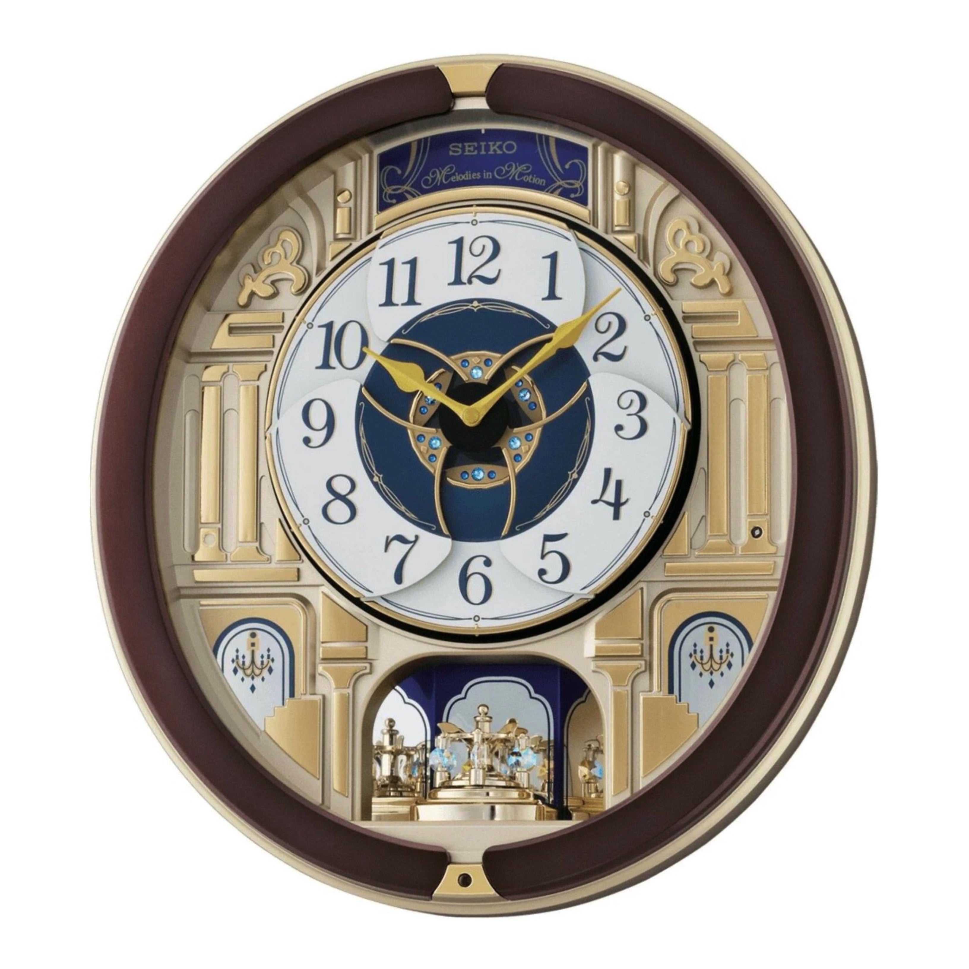 Seiko QXM356BRH "Golden Pillars" Melodies in Motion Dancing Dial Musical Wall Clock with 18 Songs