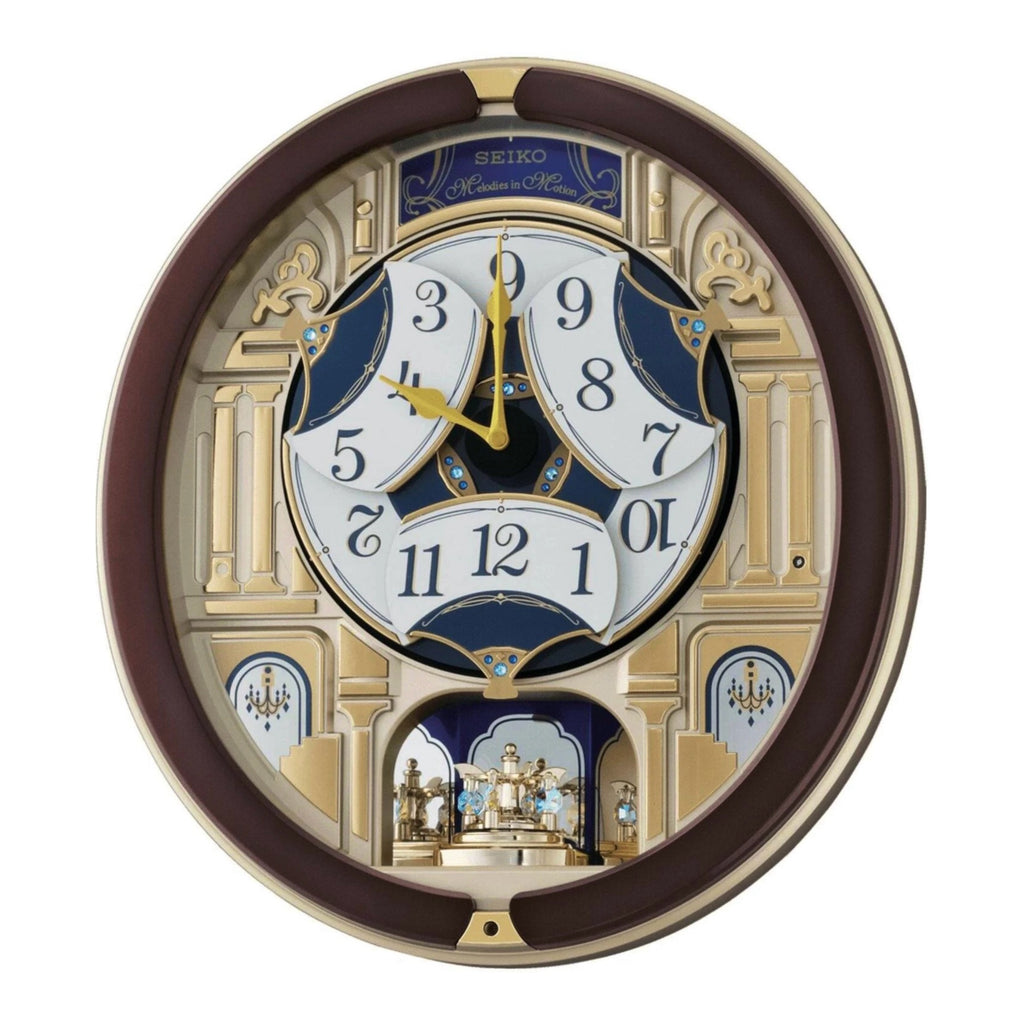 Seiko QXM356BRH "Golden Pillars" Melodies in Motion Dancing Dial Musical Wall Clock with 18 Songs