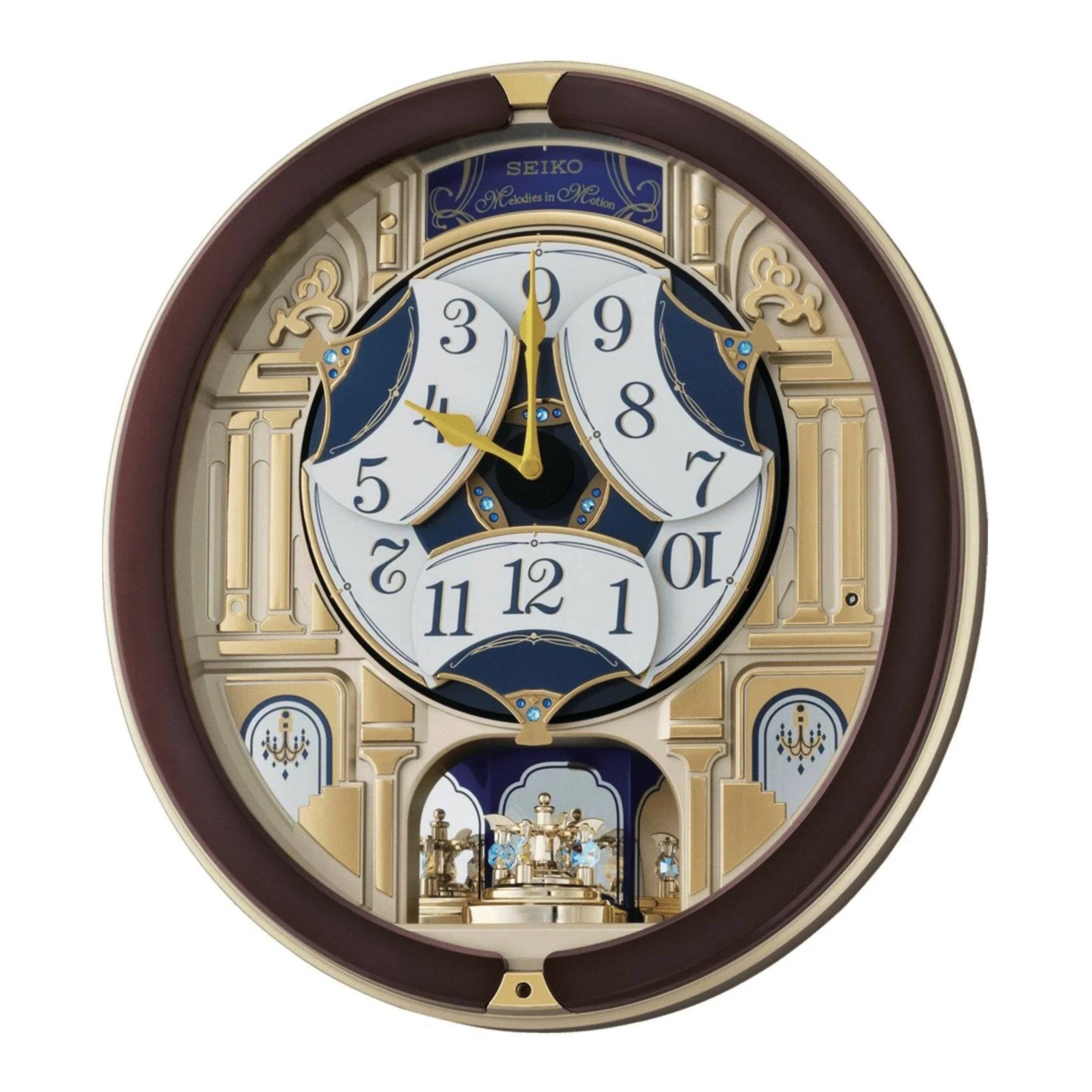 Seiko QXM356BRH "Golden Pillars" Melodies in Motion Dancing Dial Musical Wall Clock with 18 Songs