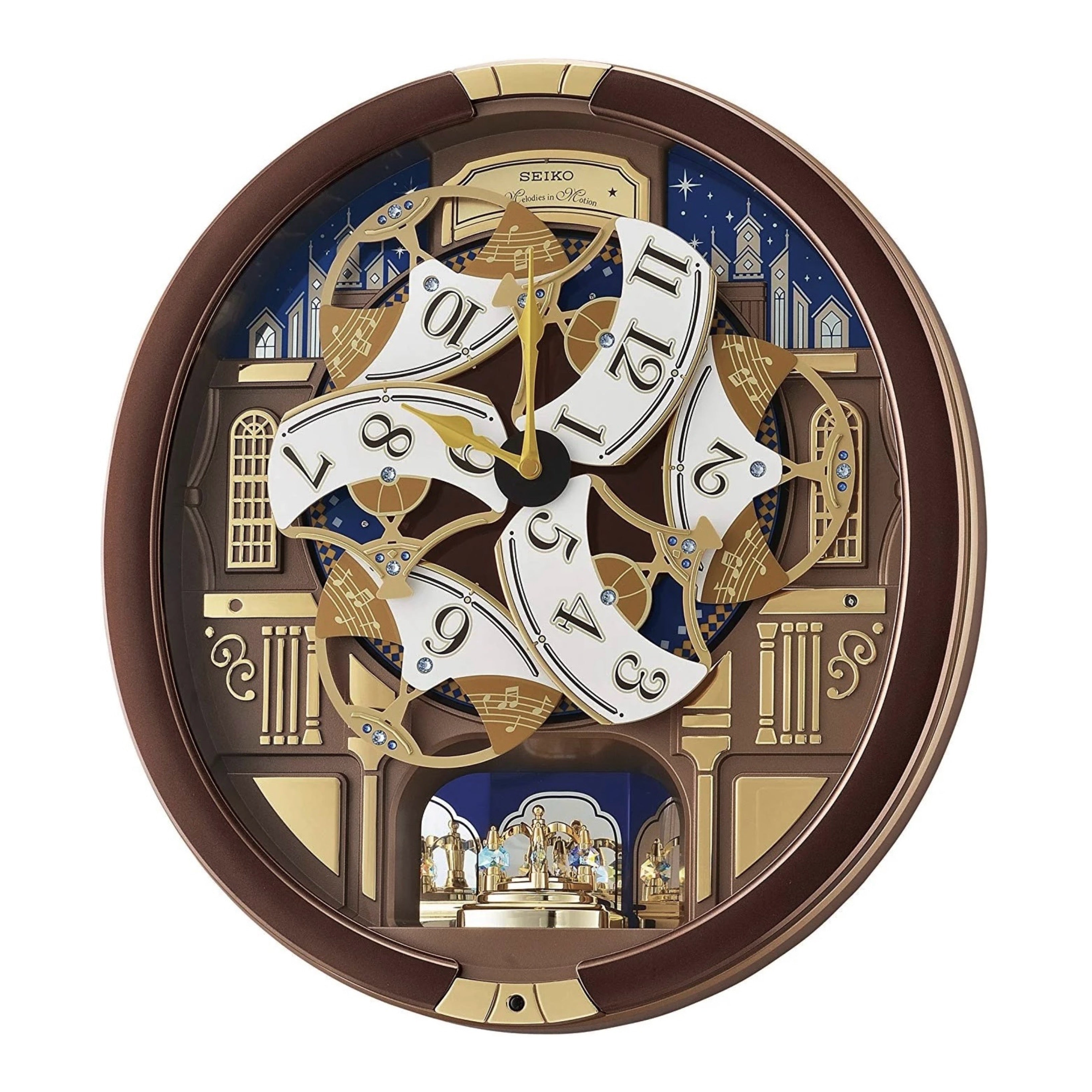 Seiko QXM362BRH "Nighttime City Skyline" Melodies in Motion Dancing Dial Musical Wall Clock with 18 Songs