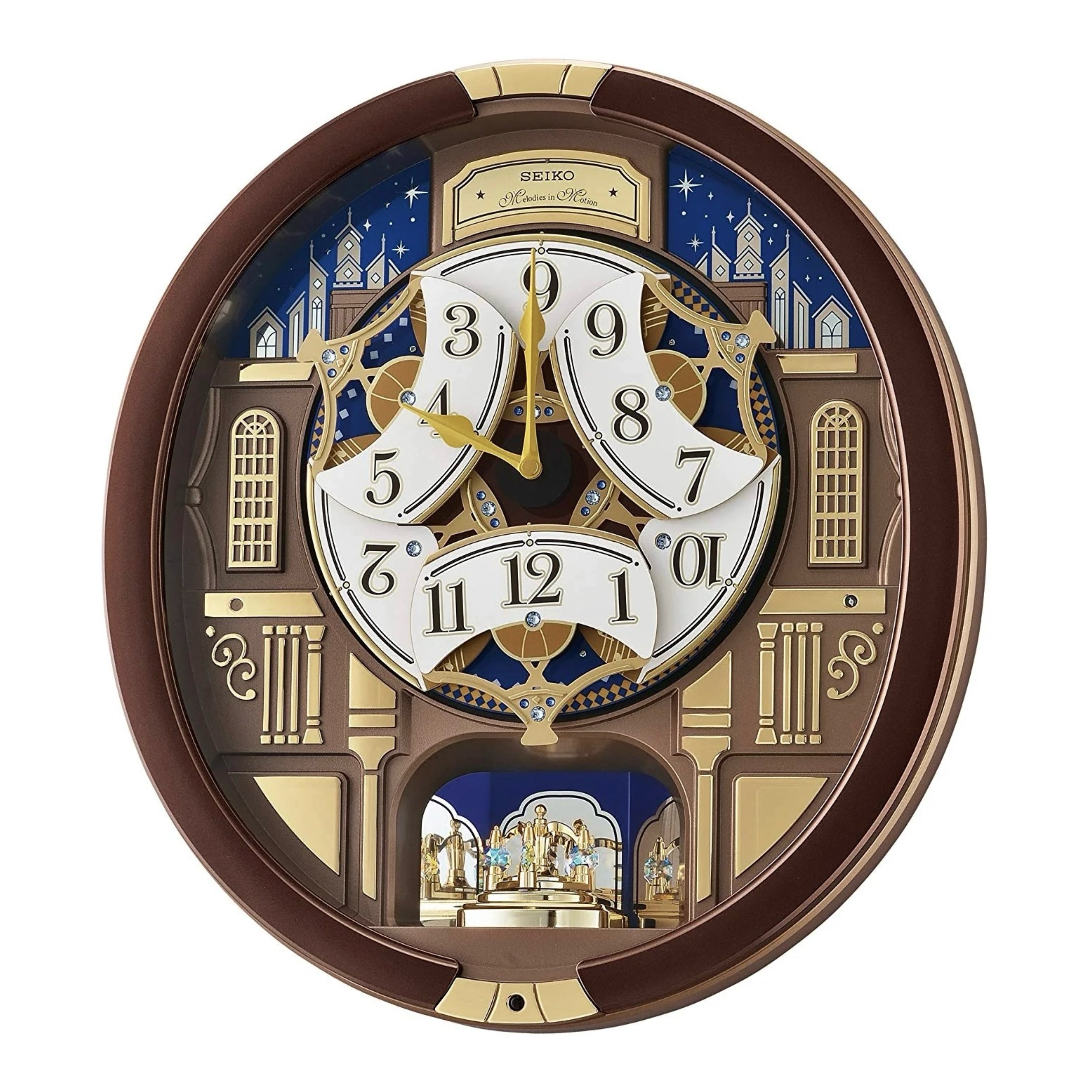 Seiko QXM362BRH "Nighttime City Skyline" Melodies in Motion Dancing Dial Musical Wall Clock with 18 Songs