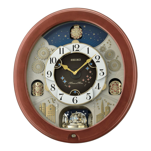 Seiko QXM376BRH “Bright Starry Night” Melodies in Motion Dancing Dial Musical Wooden Wall Clock