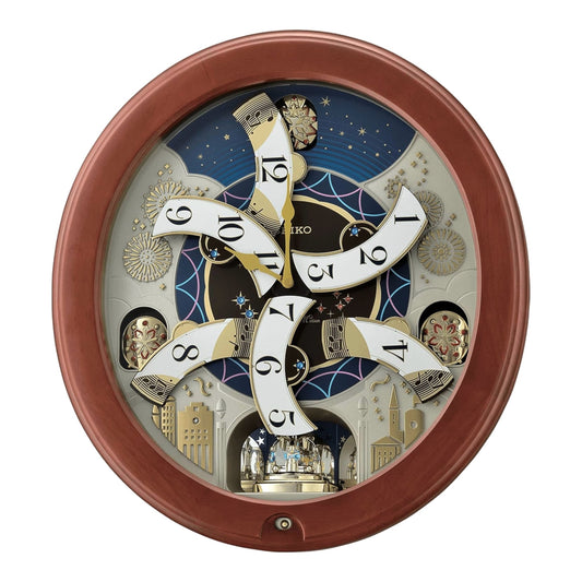 Seiko QXM376BRH “Bright Starry Night” Melodies in Motion Dancing Dial Musical Wooden Wall Clock