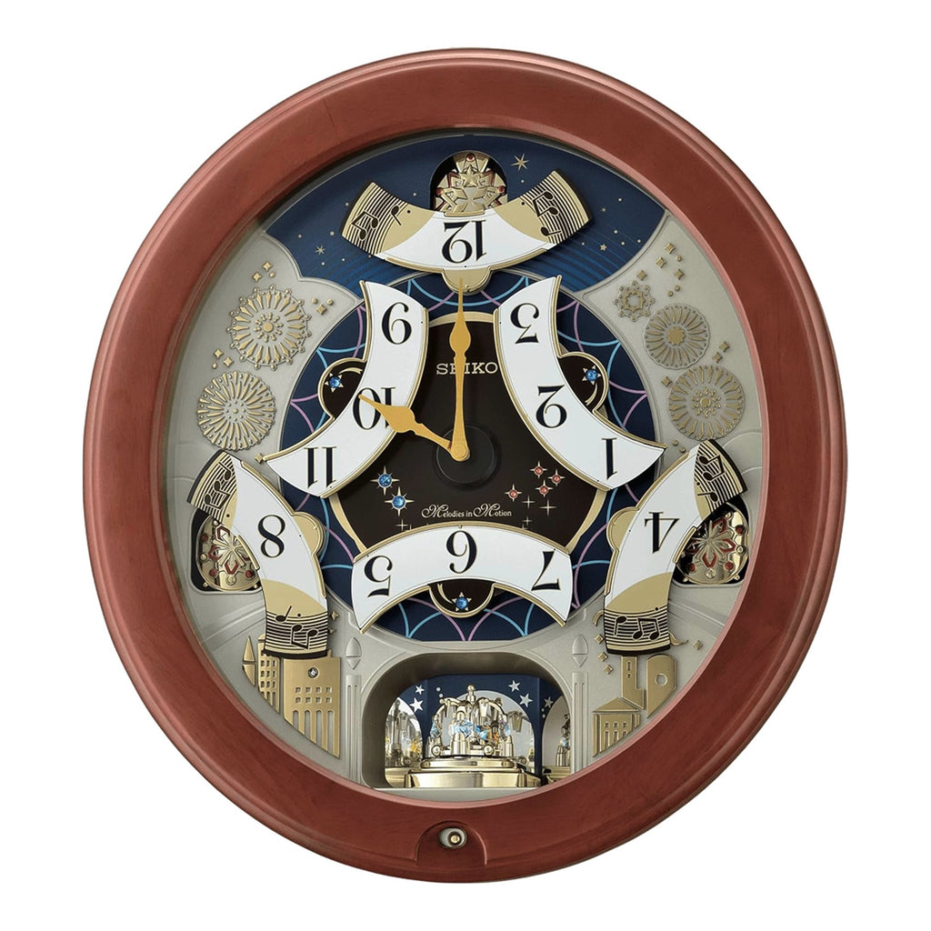 Seiko QXM376BRH “Bright Starry Night” Melodies in Motion Dancing Dial Musical Wooden Wall Clock with 19 Songs