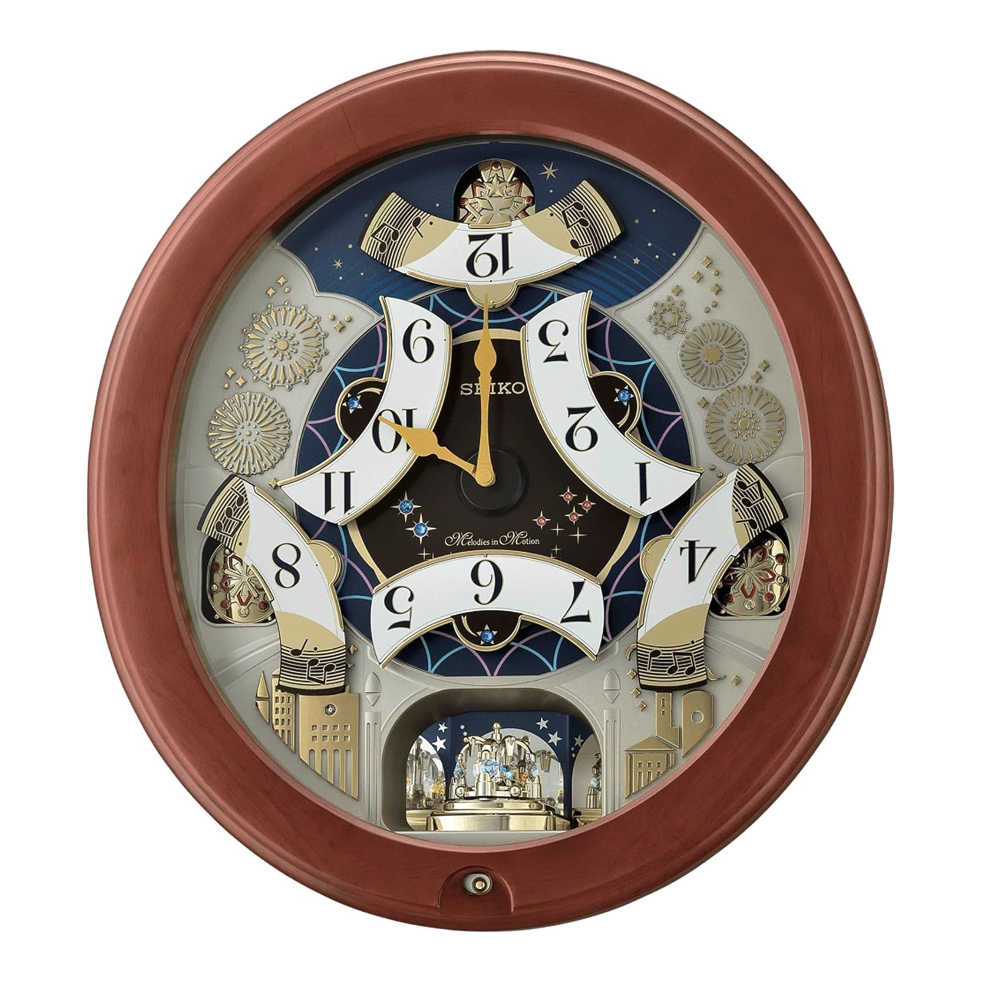 Seiko QXM376BRH “Bright Starry Night” Melodies in Motion Dancing Dial Musical Wooden Wall Clock with 19 Songs