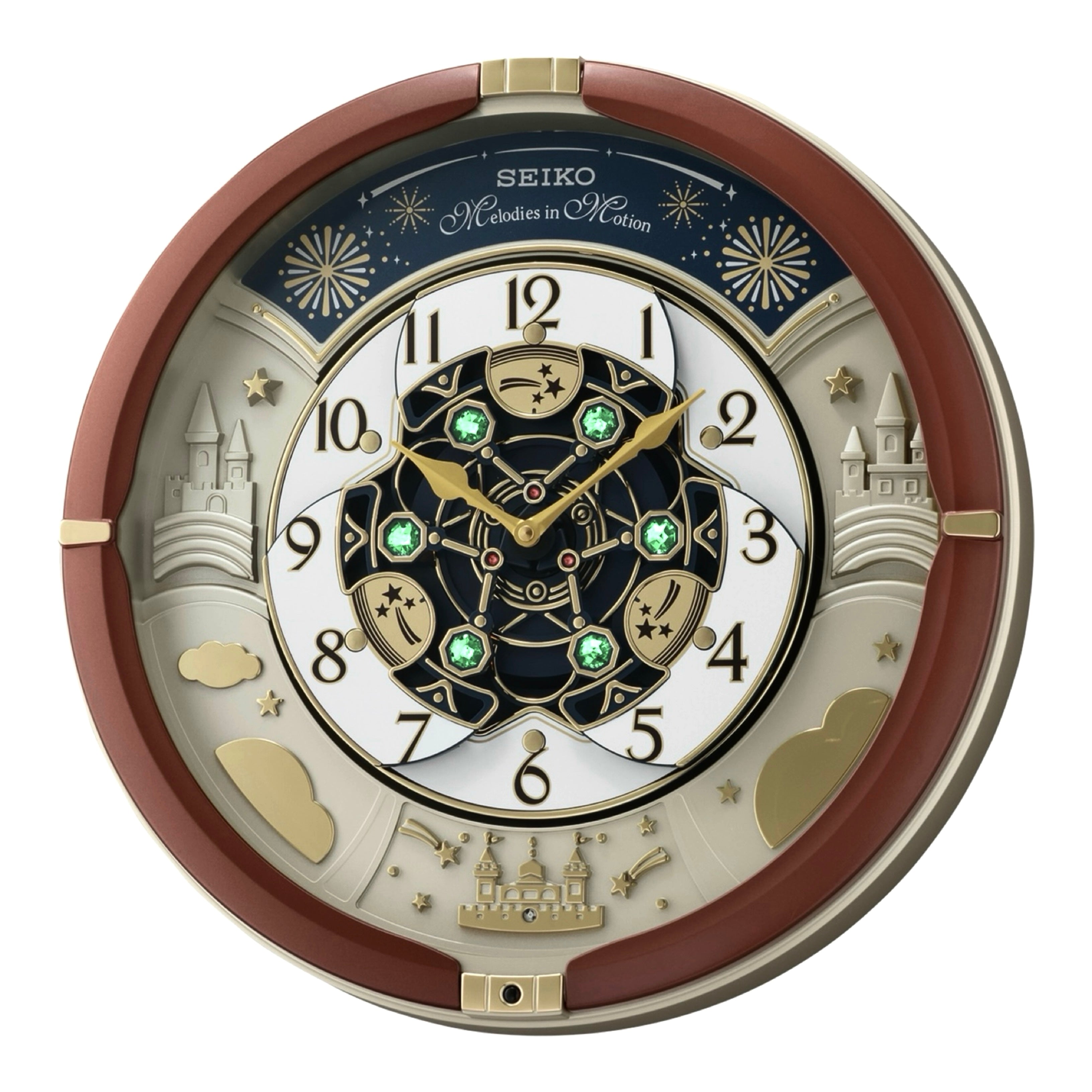 Seiko QXM378BRH “Castle Night” Melodies in Motion Dancing Dial Musical Wall Clock with 18 Songs