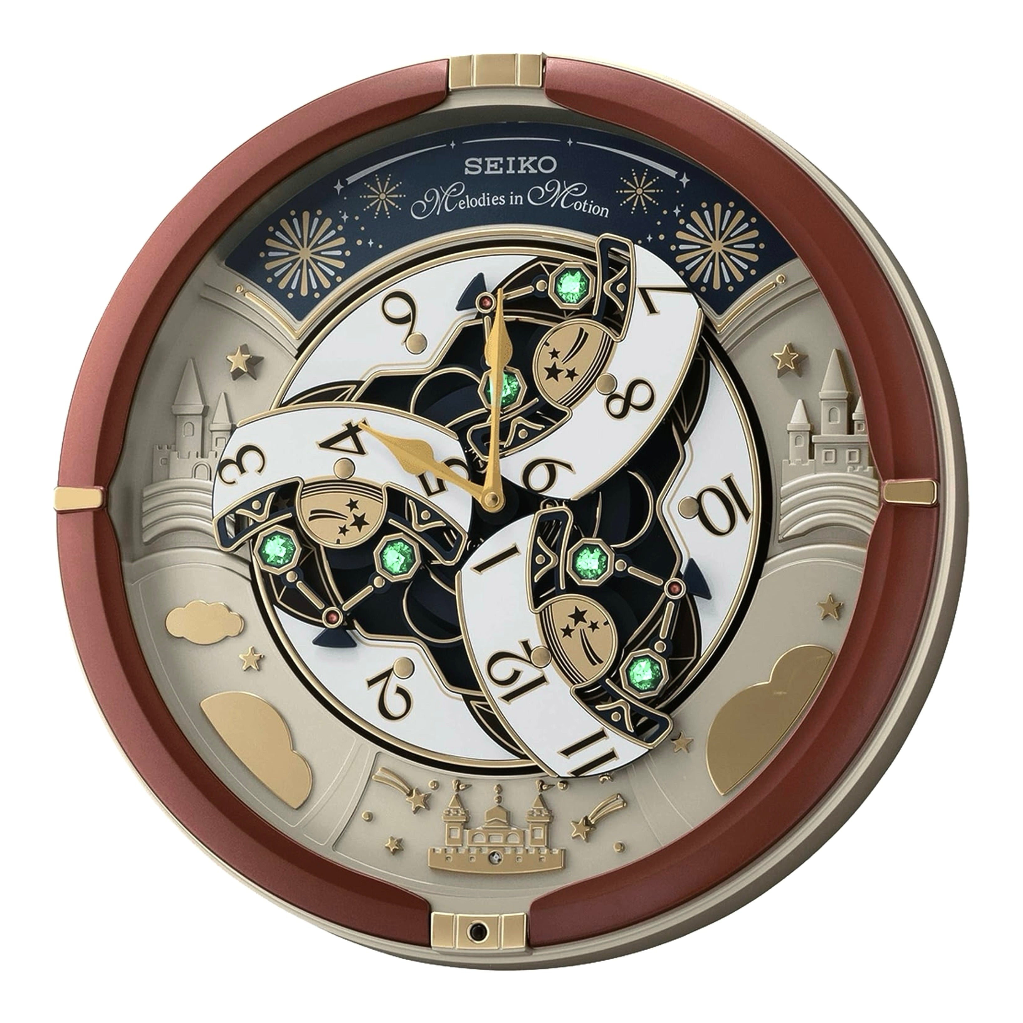 Seiko QXM378BRH “Castle Night” Melodies in Motion Dancing Dial Musical Wall Clock with 18 Songs