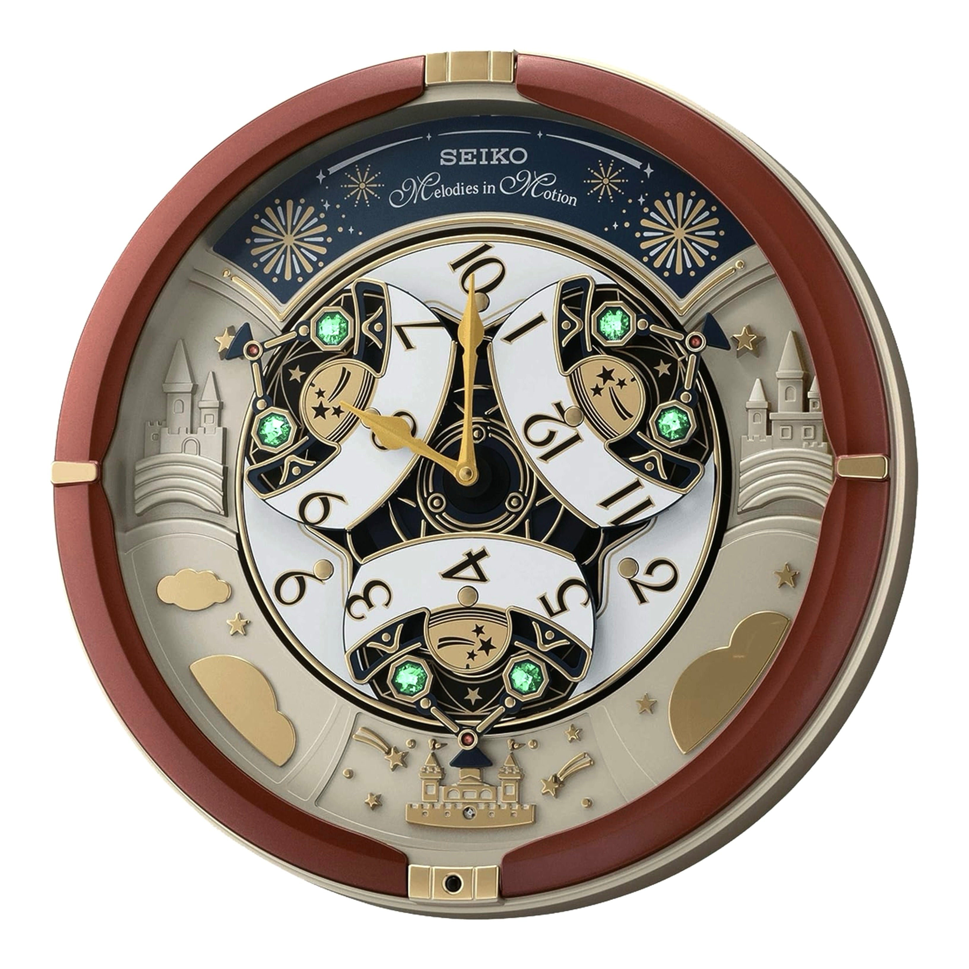 Seiko QXM378BRH “Castle Night” Melodies in Motion Dancing Dial Musical Wall Clock with 18 Songs