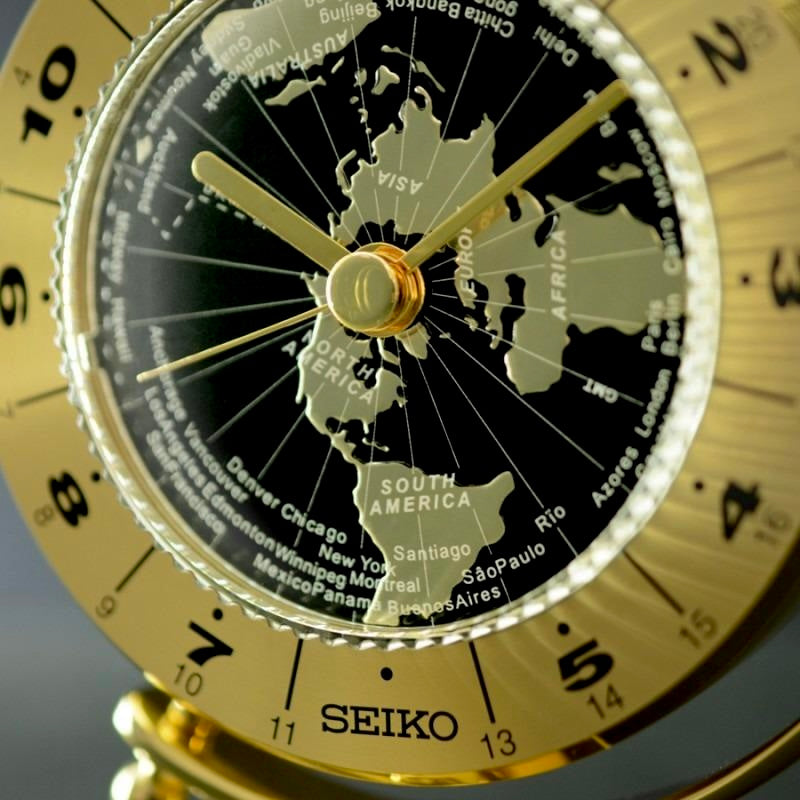 Seiko QHG106GLH "Golden Globe" Desk & Table Clock with World Time Bezel