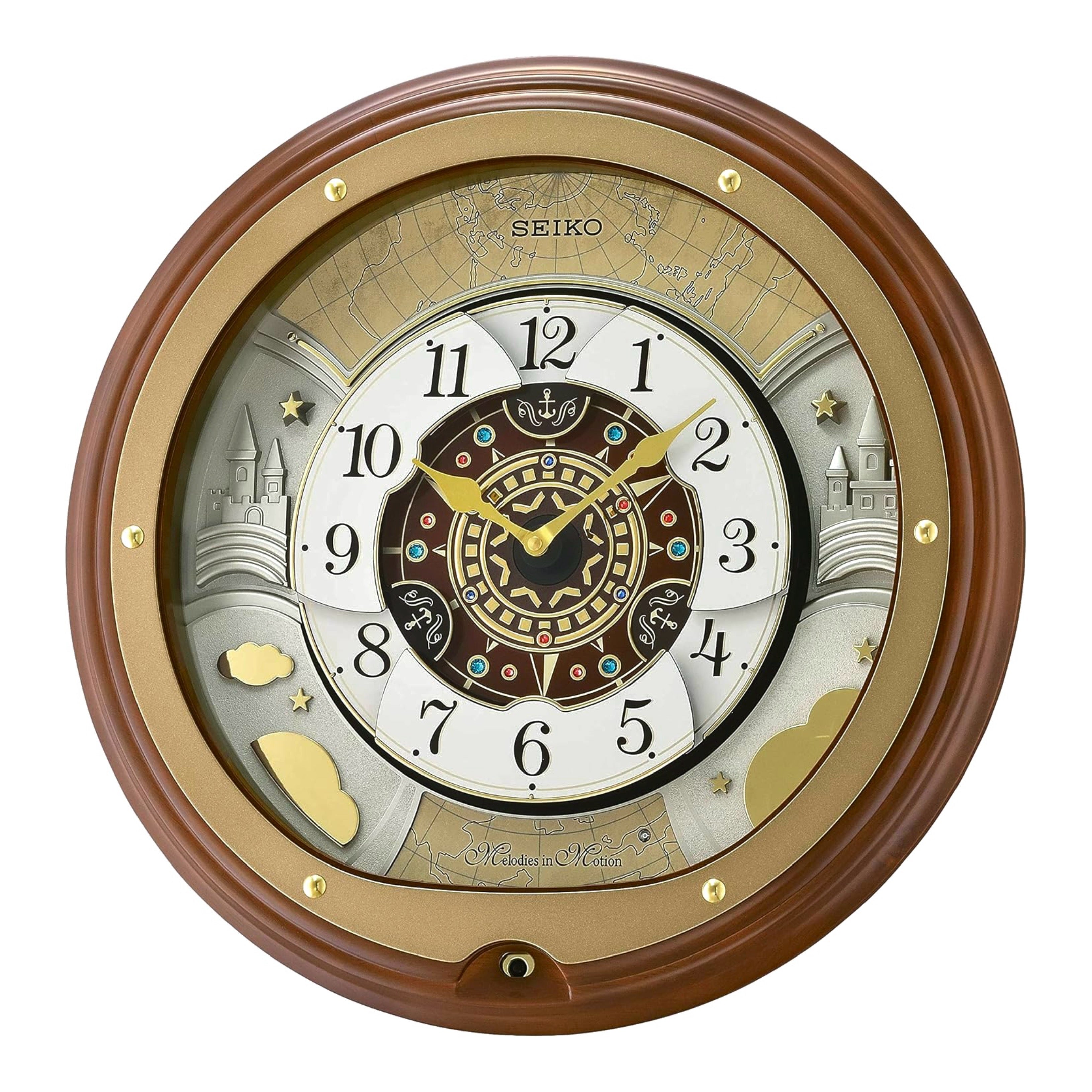 Seiko QXM381BRH “Atlas” Melodies in Motion Dancing Dial Musical Wooden Wall Clock with 18 Songs