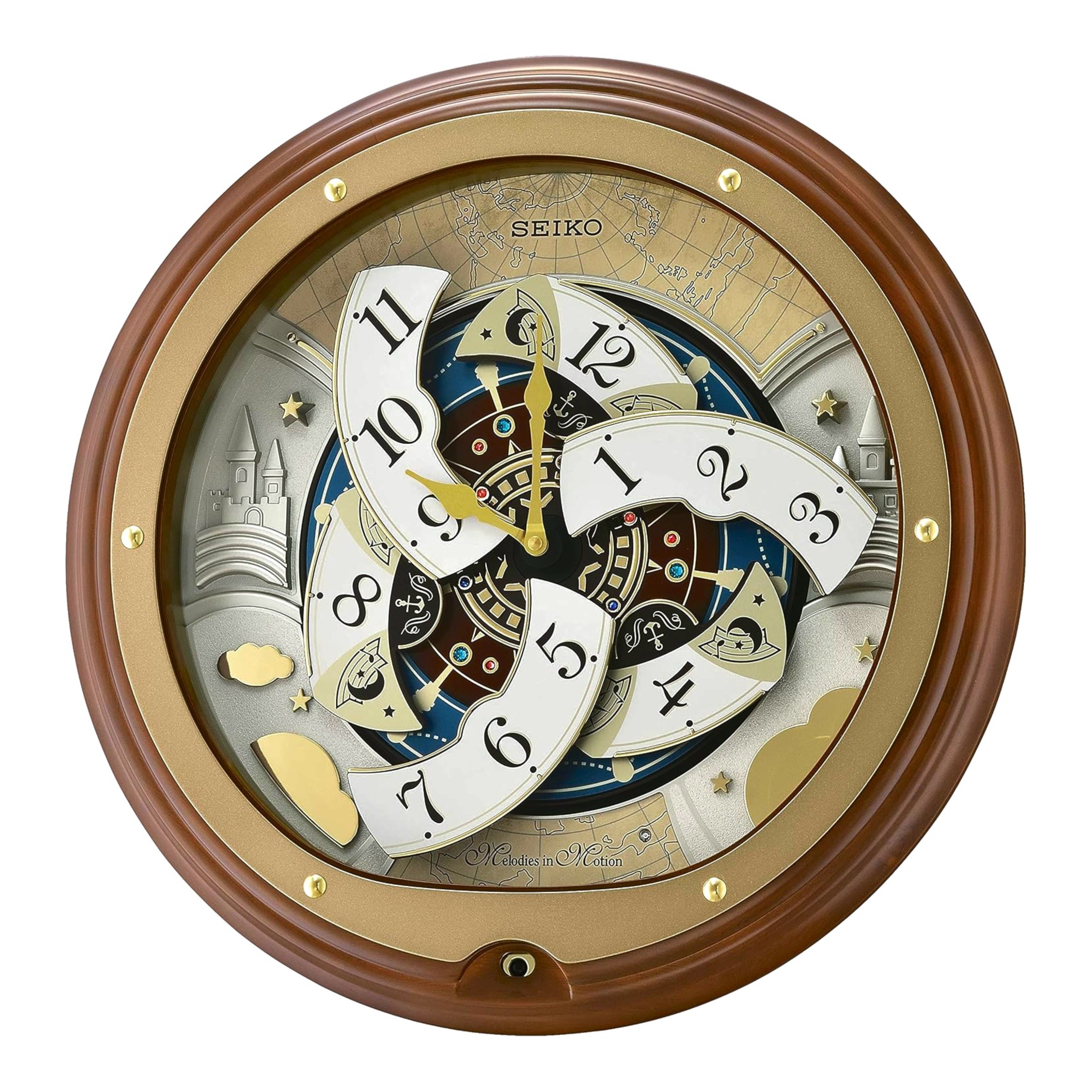 Seiko QXM381BRH “Atlas” Melodies in Motion Dancing Dial Musical Wooden Wall Clock with 18 Songs
