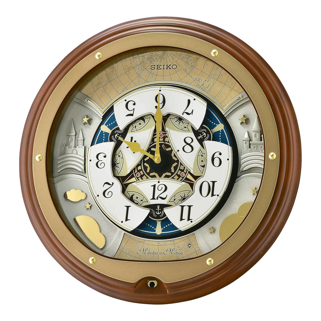 Seiko QXM381BRH “Atlas” Melodies in Motion Dancing Dial Musical Wooden Wall Clock with 18 Songs