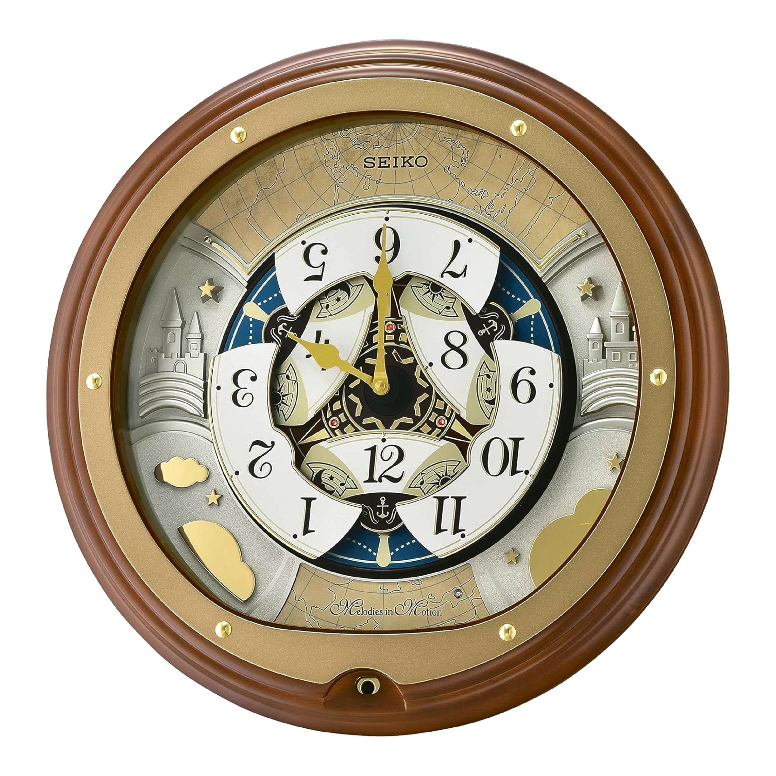 Seiko QXM381BRH “Atlas” Melodies in Motion Dancing Dial Musical Wooden Wall Clock with 18 Songs