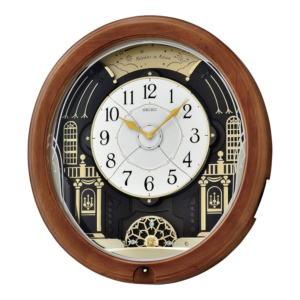 Seiko QXM383BRH "Midnight Royale" Melodies in Motion Musical Wooden Wall Clock with Animated Moving Dial & 12 Songs