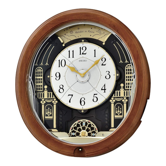 Seiko QXM383BRH "Midnight Royale" Melodies in Motion Musical Wooden Wall Clock with Animated Moving Dial