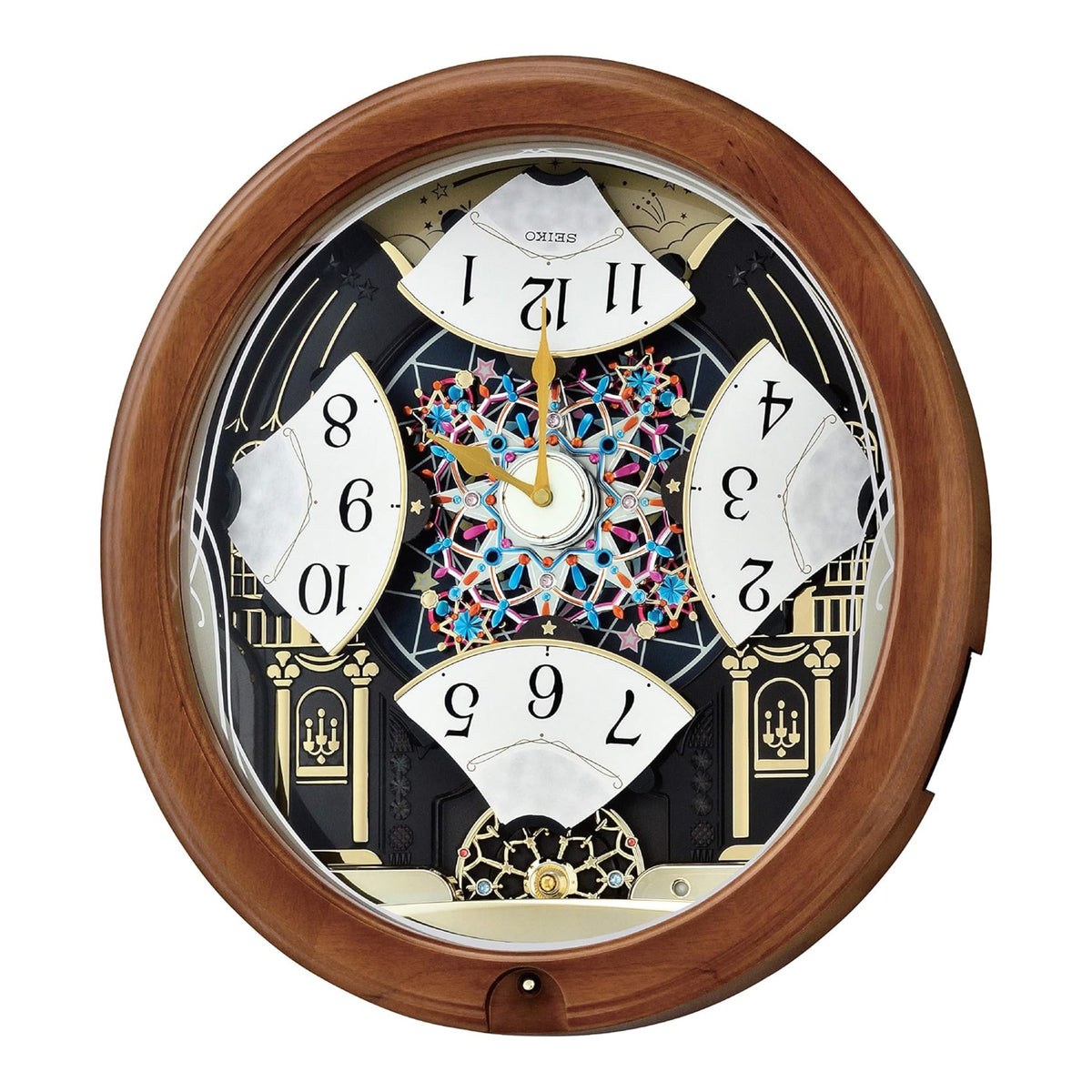 Seiko QXM383BRH "Midnight Royale" Melodies in Motion Musical Wooden Wall Clock with Animated Moving Dial & 12 Songs