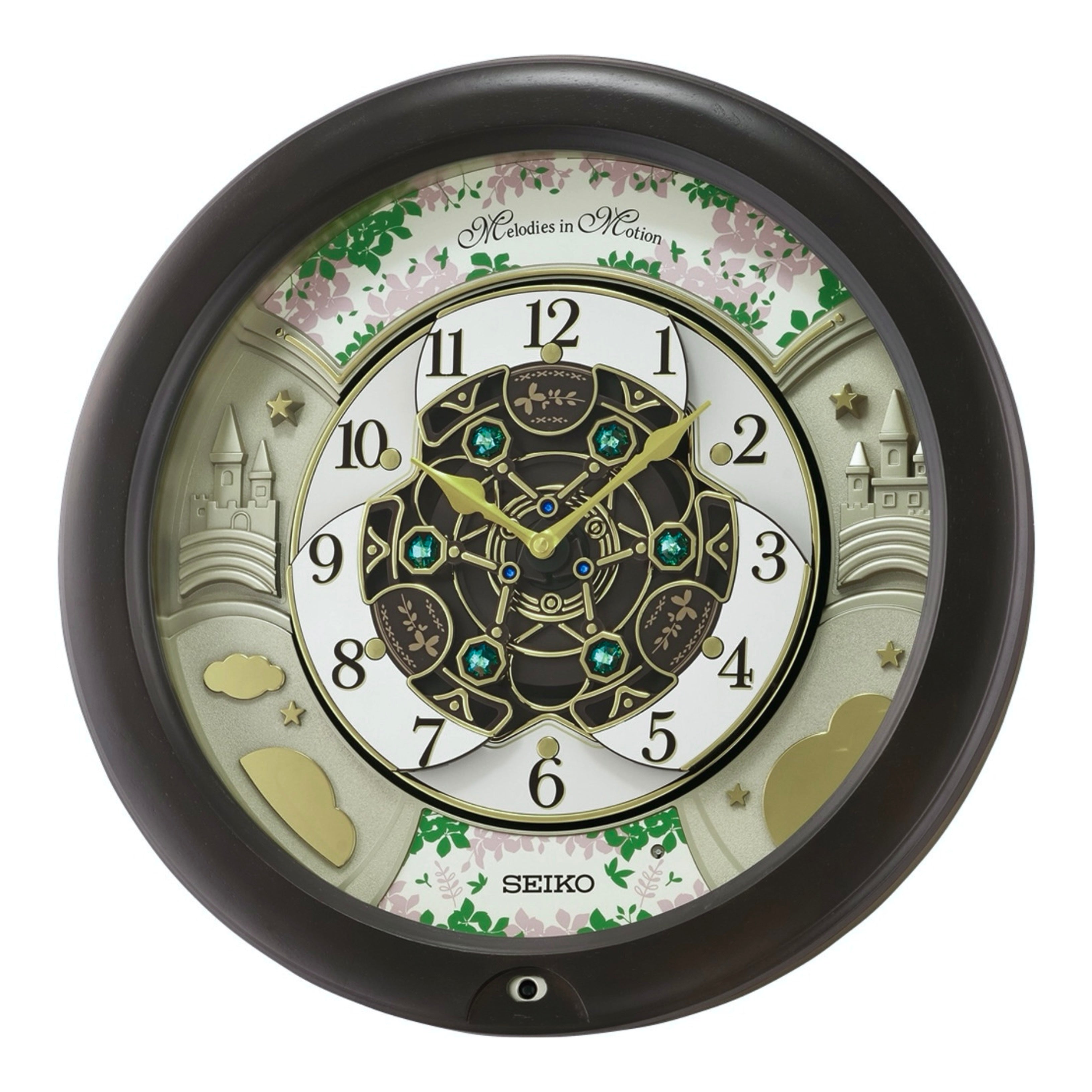 Seiko QXM391NRH “Cherry Blossom” Melodies in Motion Dancing Dial Musical Wooden Wall Clock with 30 Songs