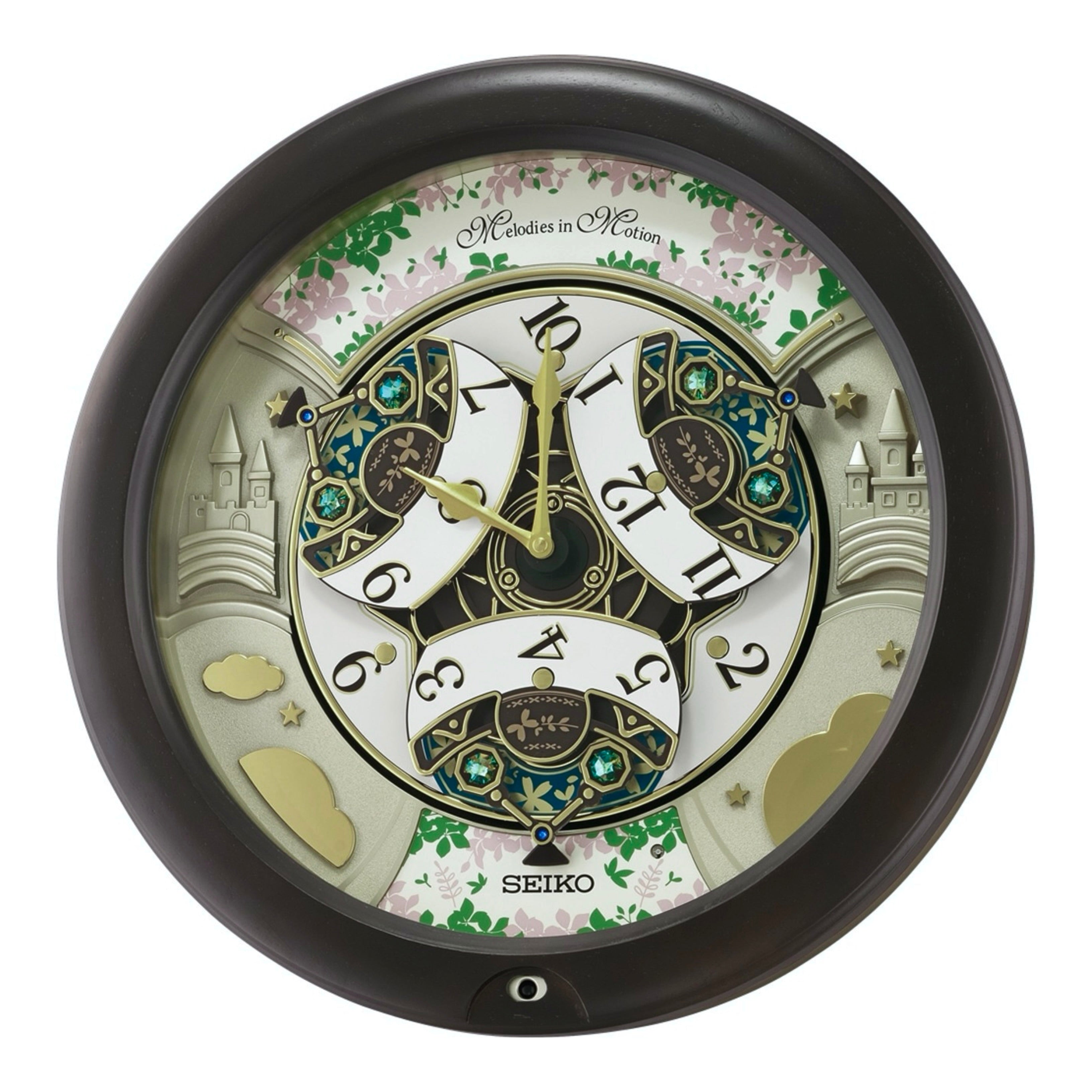 Seiko QXM391NRH “Cherry Blossom” Melodies in Motion Dancing Dial Musical Wooden Wall Clock with 30 Songs