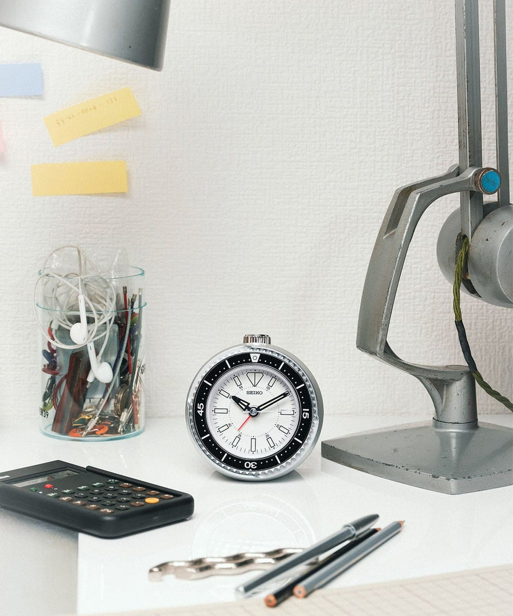Seiko QHE207SLH "Mai Modern Watch Dial" Silver Heritage Design Luminous Desk & Alarm Clock with Rotating Bezel