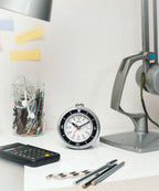 Seiko QHE207SLH "Mai Modern Watch Dial" Silver Heritage Design Luminous Desk & Alarm Clock with Rotating Bezel
