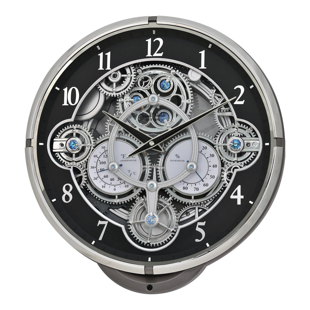 Rhythm “Chronograph (Black/Silver)” Skeletonized Dial Magic Motion Musical Wall Clock with Moving Gears - 4MH442WU08