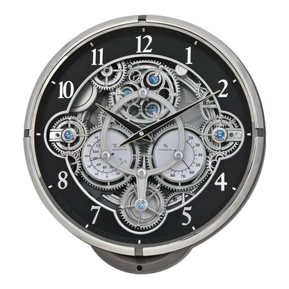 Rhythm “Chronograph (Black/Silver)” Skeletonized Dial Magic Motion Musical Wall Clock with Moving Gears - 4MH442WU08