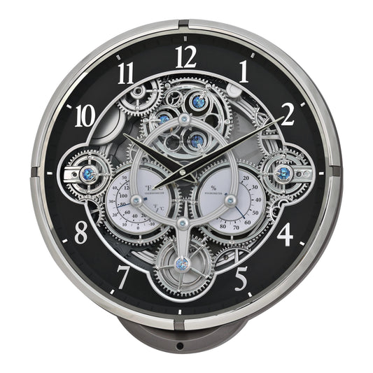 Rhythm “Chronograph (Black/Silver)” Skeletonized Dial Magic Motion Musical Wall Clock with Moving Gears - 4MH442WU08