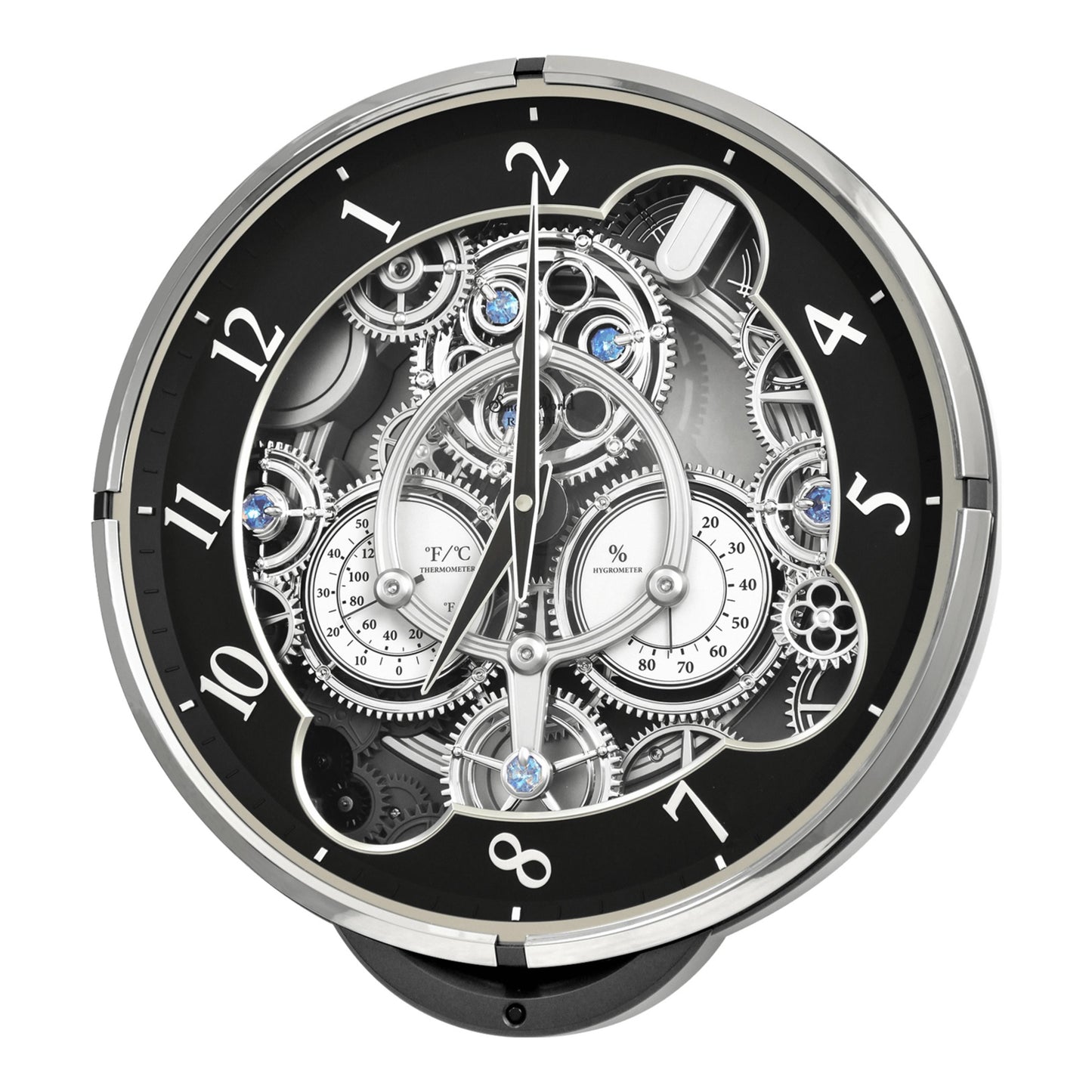 Rhythm “Chronograph (Black/Silver)” Skeletonized Dial Magic Motion Musical Wall Clock with Moving Gears - 4MH442WU08