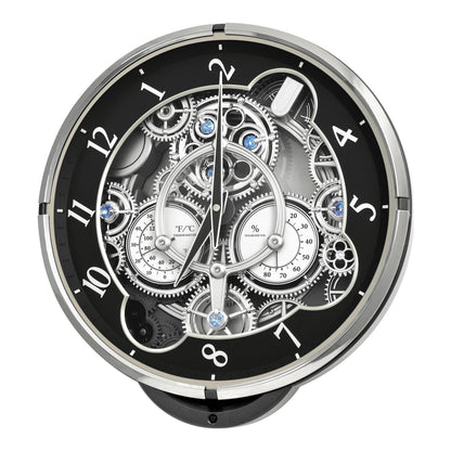 Rhythm “Chronograph (Black/Silver)” Skeletonized Dial Magic Motion Musical Wall Clock with Moving Gears - 4MH442WU08