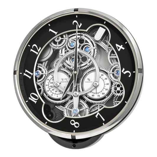Rhythm “Chronograph (Black/Silver)” Skeletonized Dial Magic Motion Musical Wall Clock with Moving Gears - 4MH442WU08