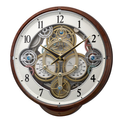 Rhythm “Widget (Woodgrain)” Skeletonized Dial Magic Motion Musical Wall Clock with Moving Gears - 4MH886WU23