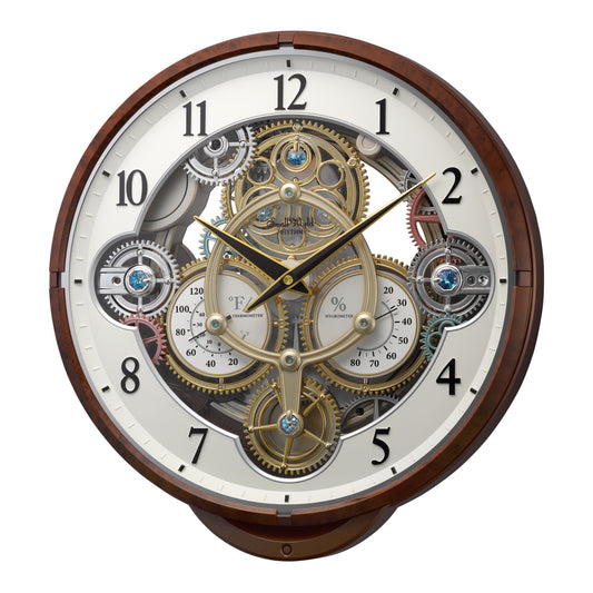 Rhythm “Widget (Woodgrain)” Skeletonized Dial Magic Motion Musical Wall Clock with Moving Gears - 4MH886WU23