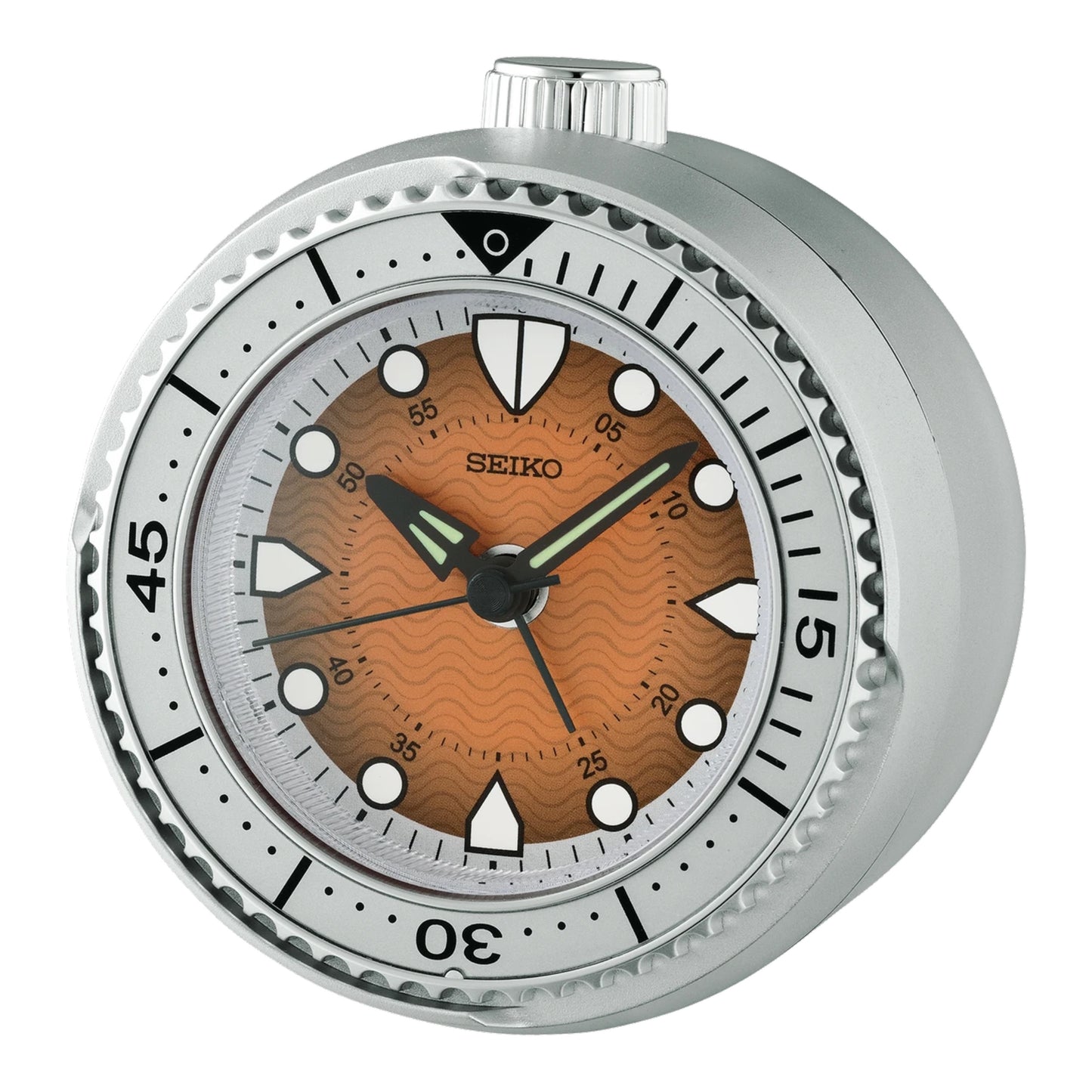 Seiko QHE207TLH "Mai Modern Watch Dial" Orange & Silver Heritage Design Luminous Desk & Alarm Clock with Rotating Bezel