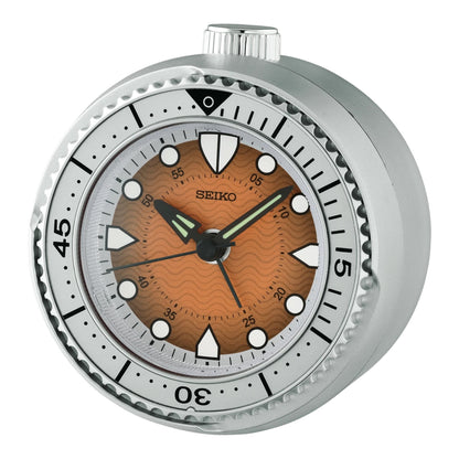 Seiko QHE207TLH "Mai Modern Watch Dial" Orange & Silver Heritage Design Luminous Desk & Alarm Clock with Rotating Bezel