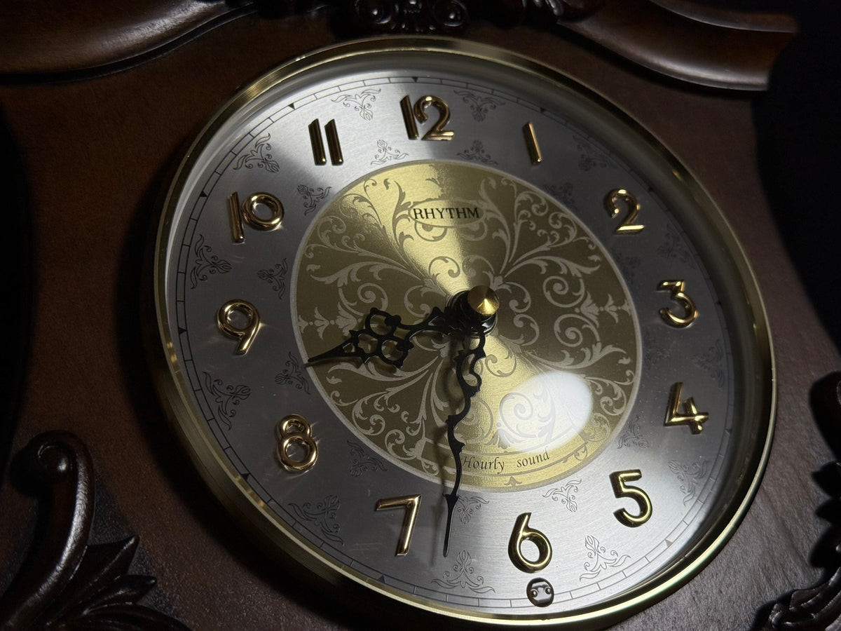 Rhythm "CTS Versailles" Traditional Wooden Musical Mantel Clock with Embossed Steel Dial - CRH125UR06
