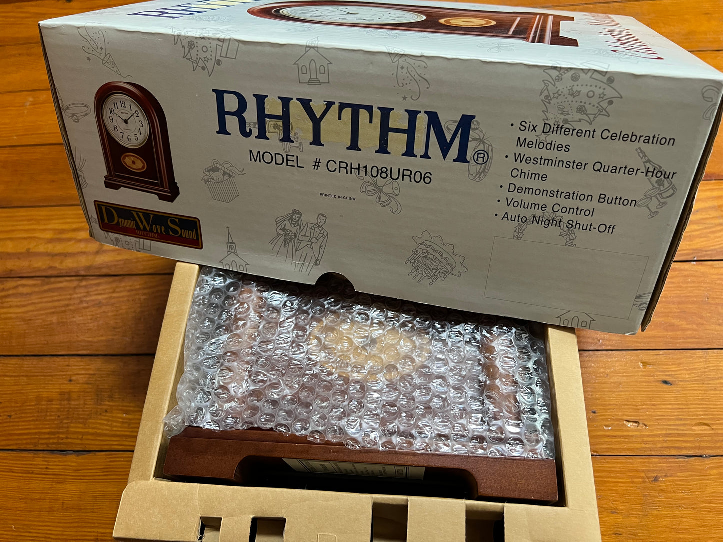 Rhythm “Celebration Time 108” Traditional Wooden Inlaid Musical & Chiming Mantel Clock - CRH108UR06