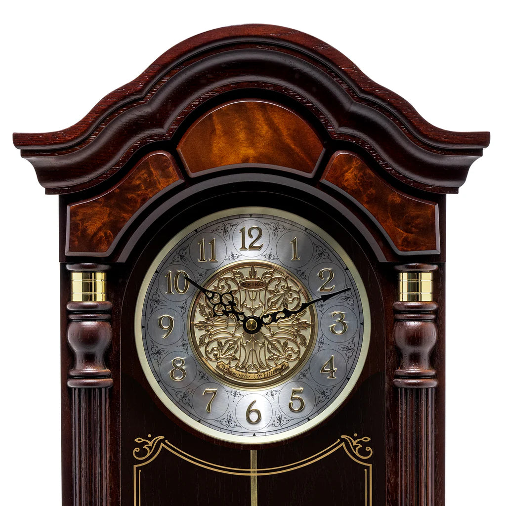 Seiko QXH004BLH "Stately Oak" Traditional Wooden Chiming Pendulum Wall Clock with Dark Mahogany Finish and Embossed Steel Dial