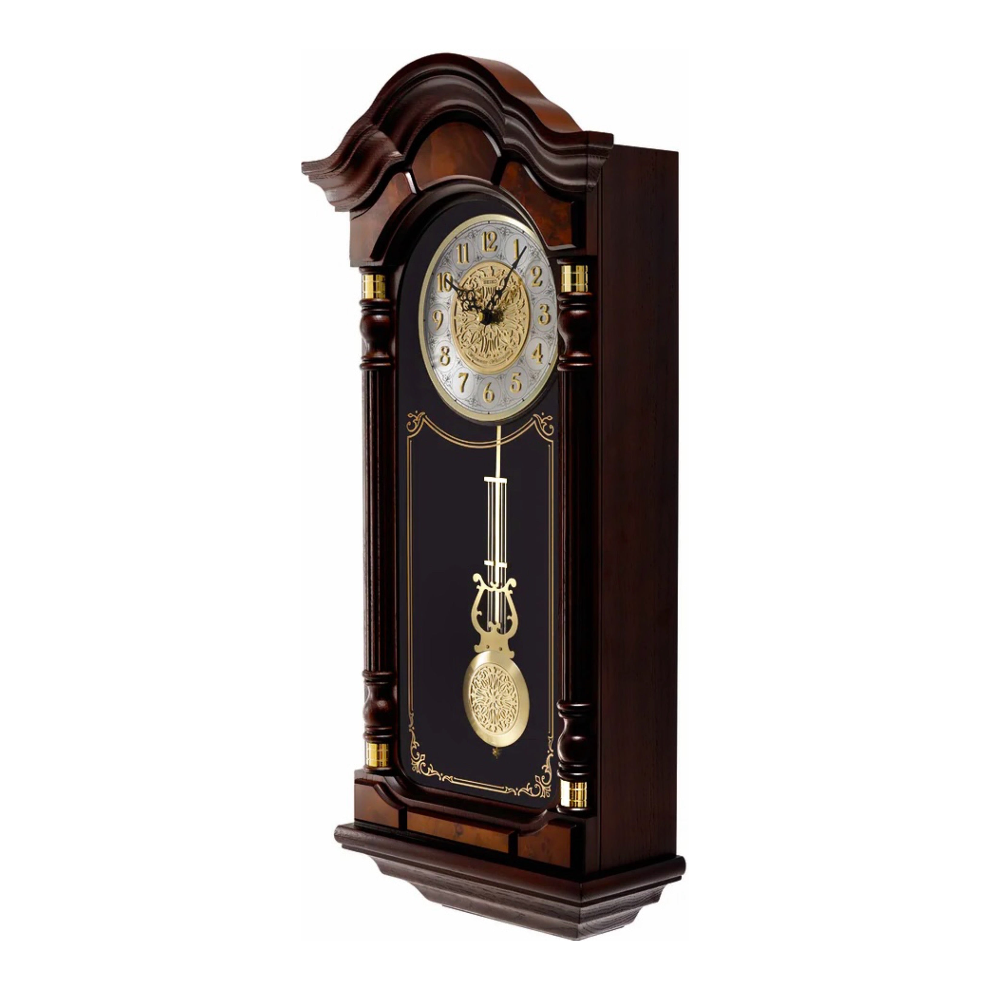Seiko QXH004BLH "Stately Oak" Traditional Wooden Chiming Pendulum Wall Clock with Dark Mahogany Finish and Embossed Steel Dial