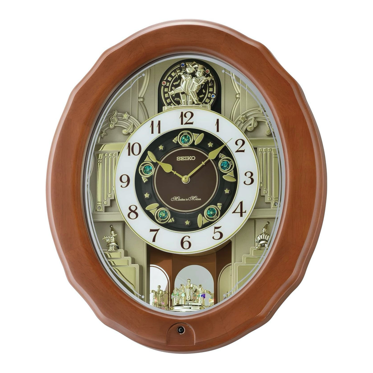 Seiko QXM604BRH "Emerald Pageant" Melodies in Motion Musical Wooden Wall Clock with Moving Figurines & 30 Songs