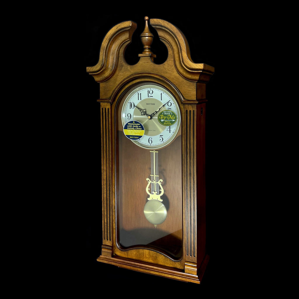 Rhythm “WSM Tiara II” Traditional Wooden Musical & Chiming Pendulum Wall Clock with Intricate Carved Frame - CMJ539UR06