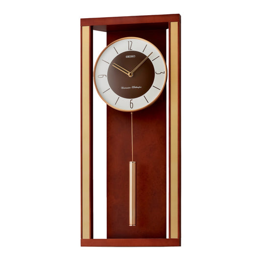 Seiko QXH068ZLH "Brown & Gold Modern Noir" Mid-Century Modern Wooden Chiming Pendulum Wall Clock